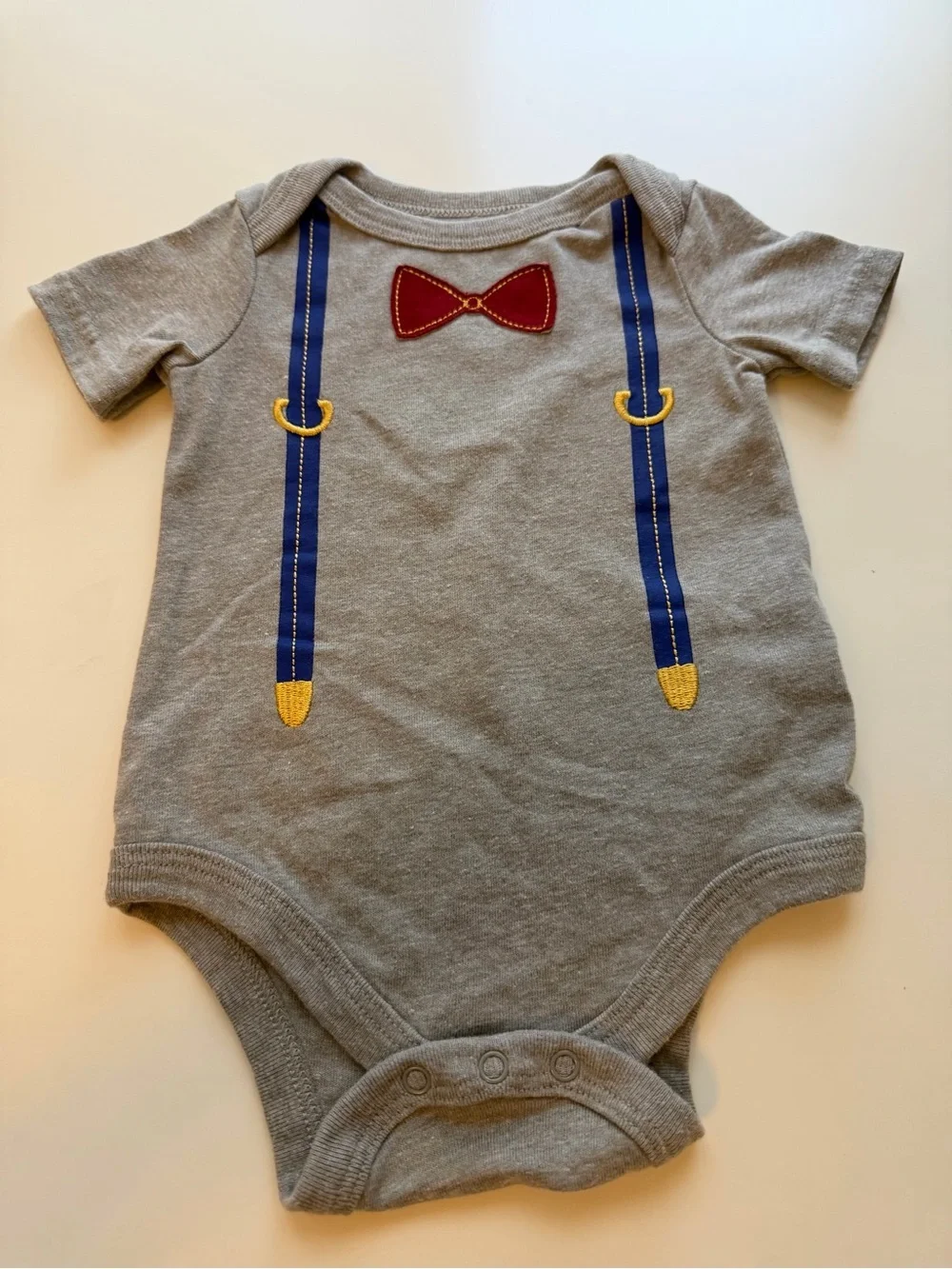 Cat & Jack Gray Onesie with Blue Suspenders and Red Bowtie